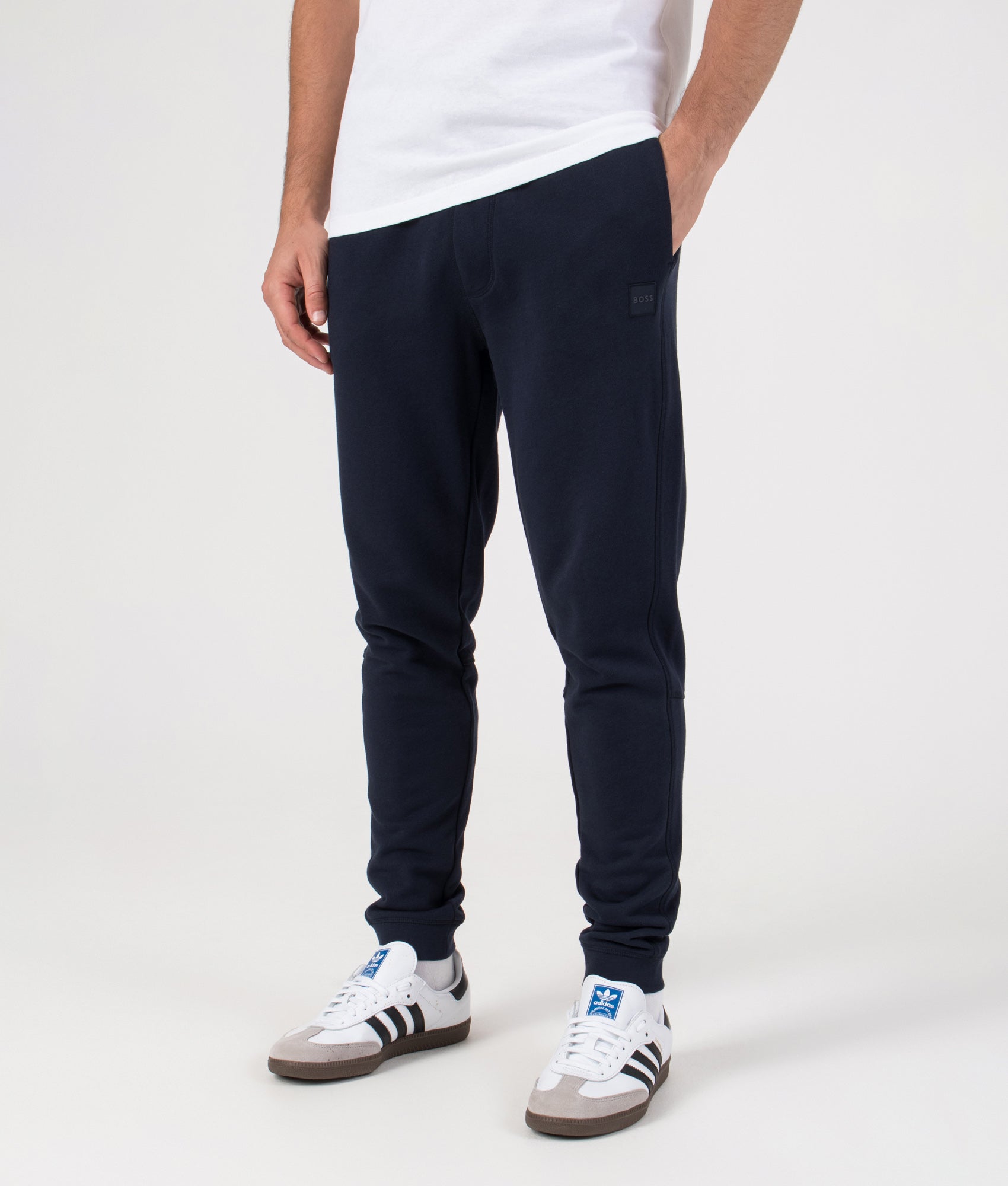 Regular Fit Sestart Joggers in Dark Blue | 100% Cotton | BOSS | EQVVS | Front angle model shot