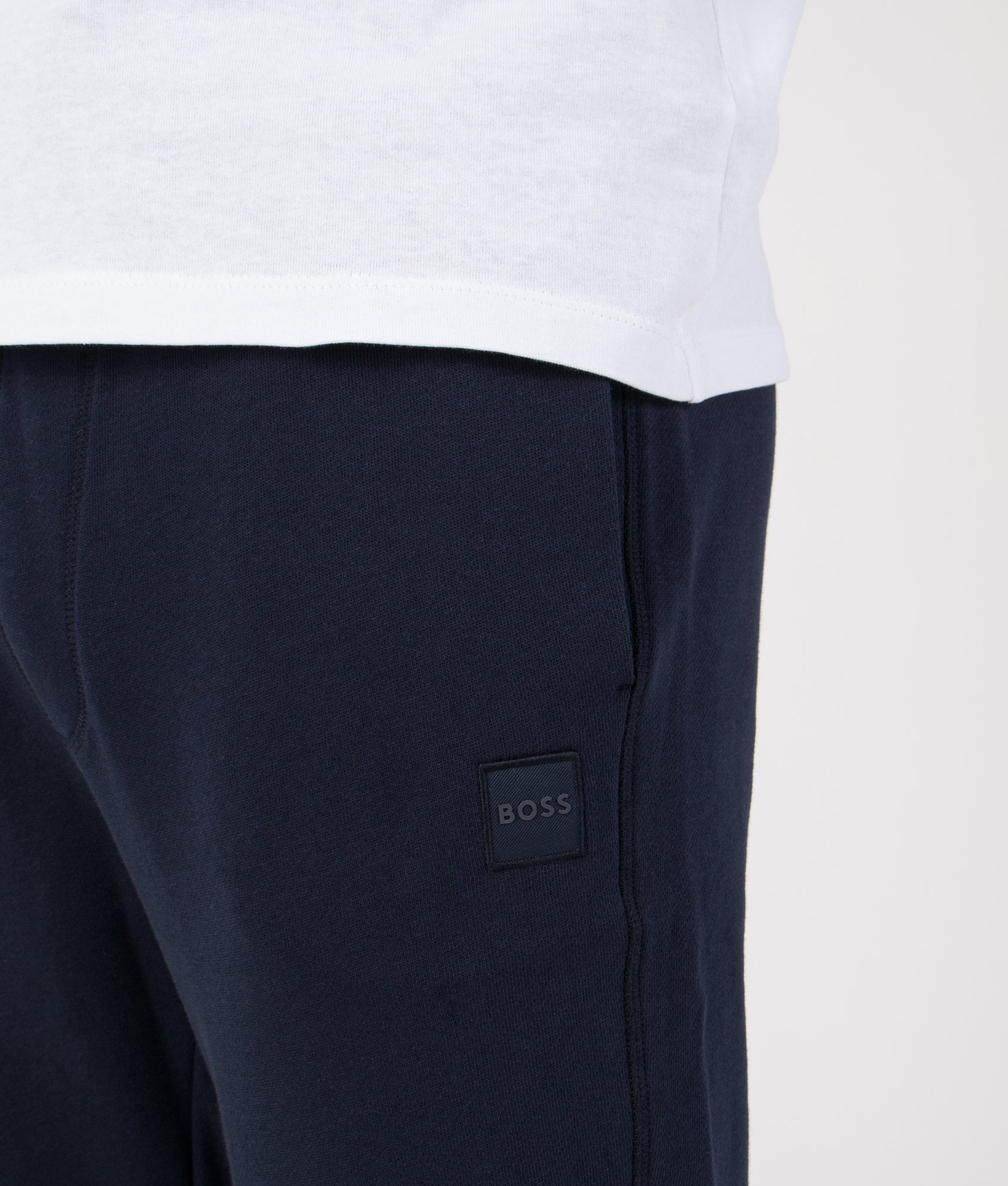 Regular Fit Sestart Joggers in Dark Blue | 100% Cotton | BOSS | EQVVS | Front detail model shot