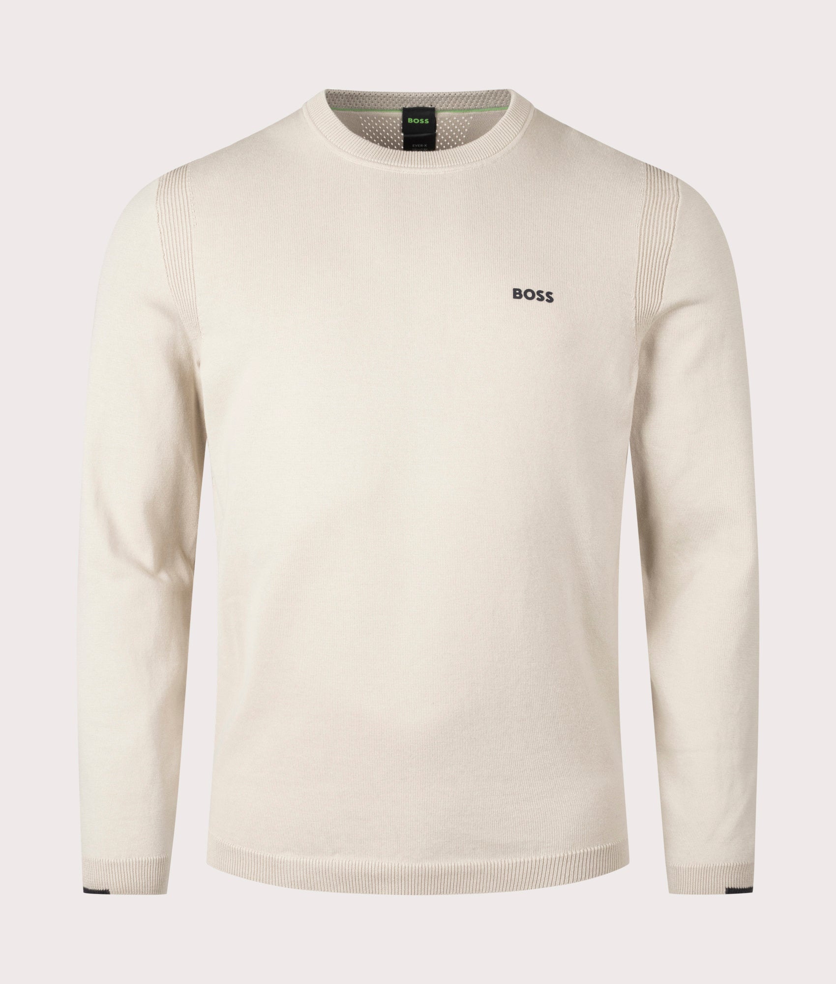 BOSS Ever-X Crew Jumper in Light Beige. Shot at EQVVS. Front shot. 
