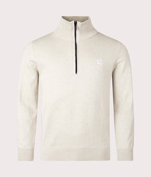 BOSS Kanobix Quarter Zip Jumper in Light Beige Front Shot EQVVS