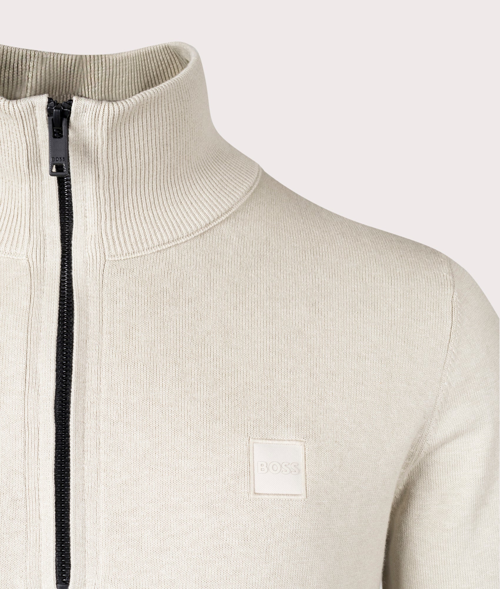 BOSS Kanobix Quarter Zip Jumper in Light Beige Detail Shot EQVVS