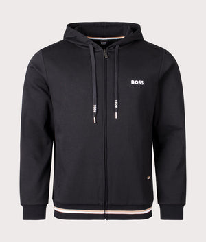 Heritage Zip Through Hoodie in Black by Boss. EQVVS Front Angle Shot.