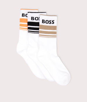 3Pack Rib Stripe Socks in White by Boss. EQVVS Flat shot.