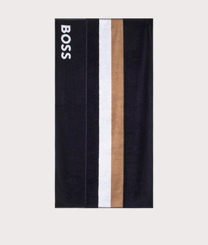 Signature Stripe Beach Towel in Black by Boss. EQVVS Front Angle Shot.