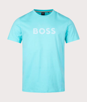 Round Neck T-Shirt in Turquoise Aqua by Boss. EQVVS Front Angle Shot.