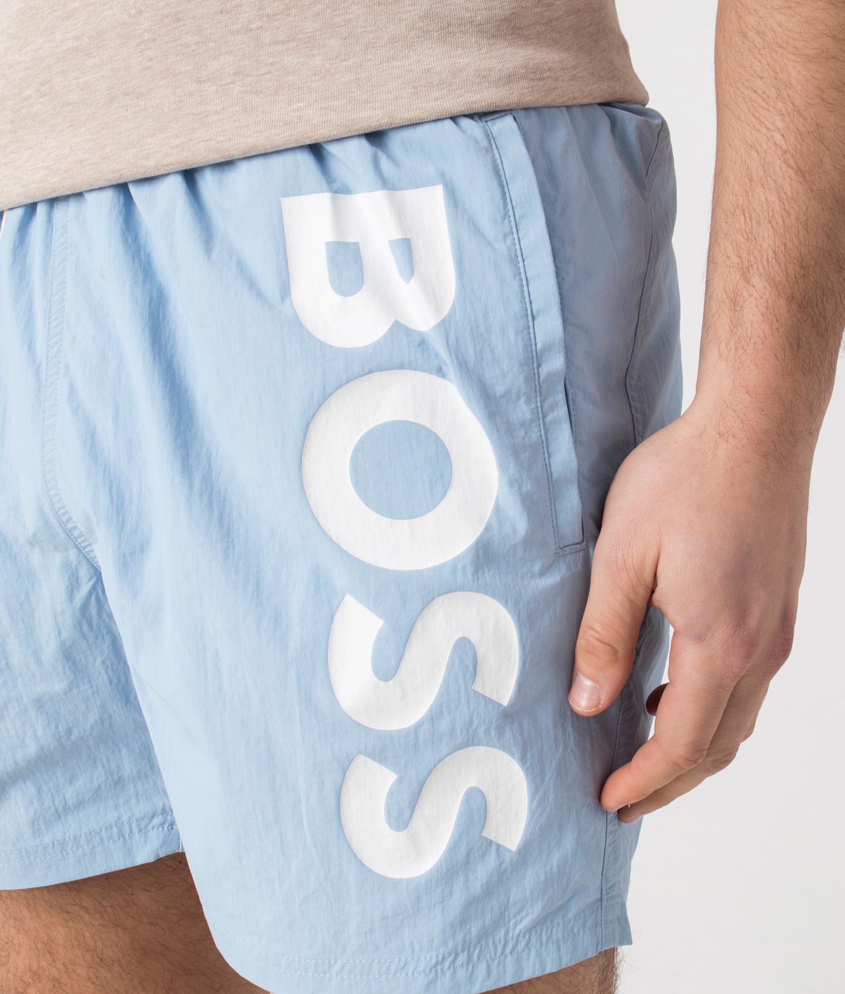 BOSS Octopus Swim Shorts in Light/Pastel Blue. Detail shot at EQVVS