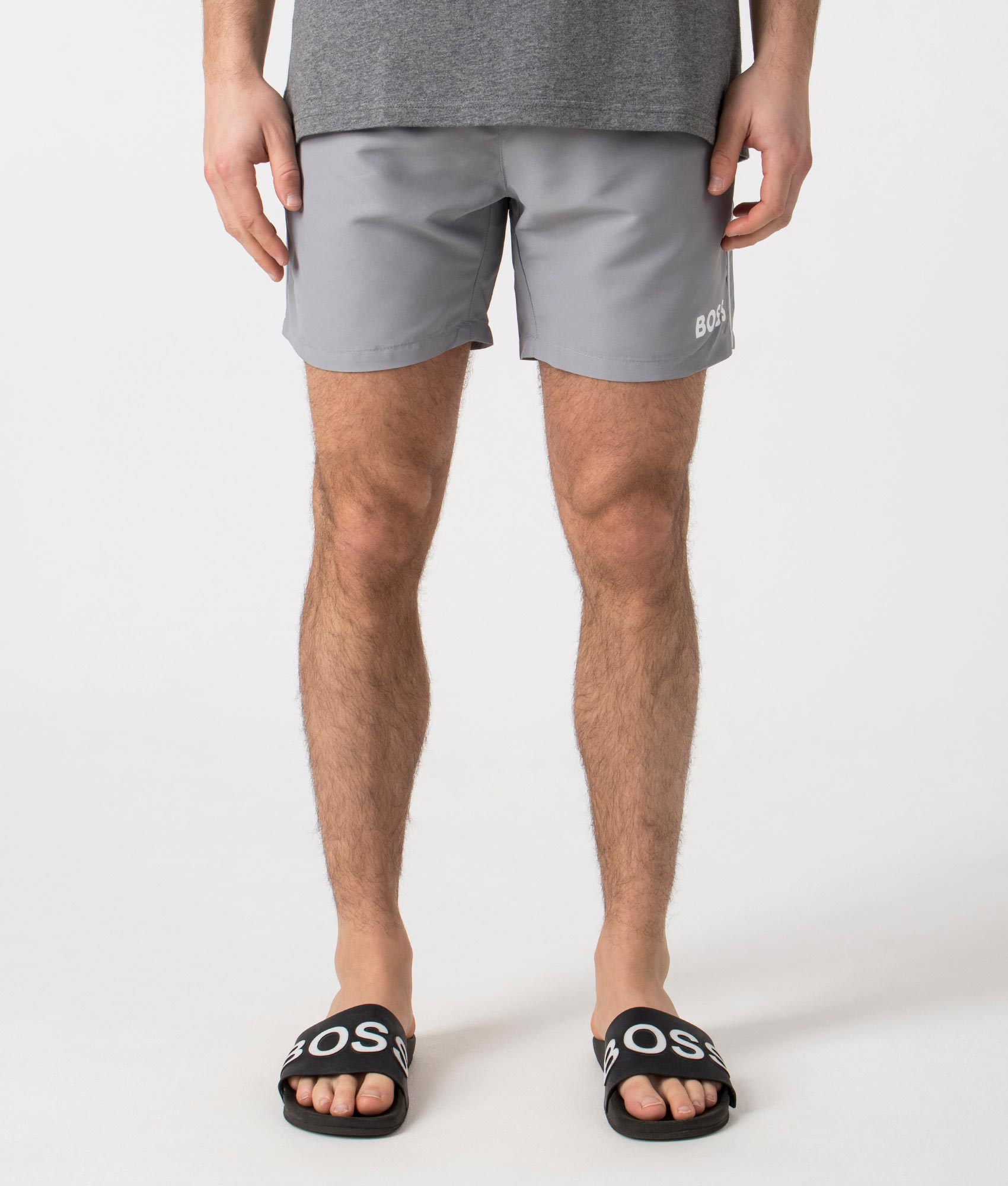 BOSS Starfish Swim Shorts in Silver. Front angle shot at EQVVS.
