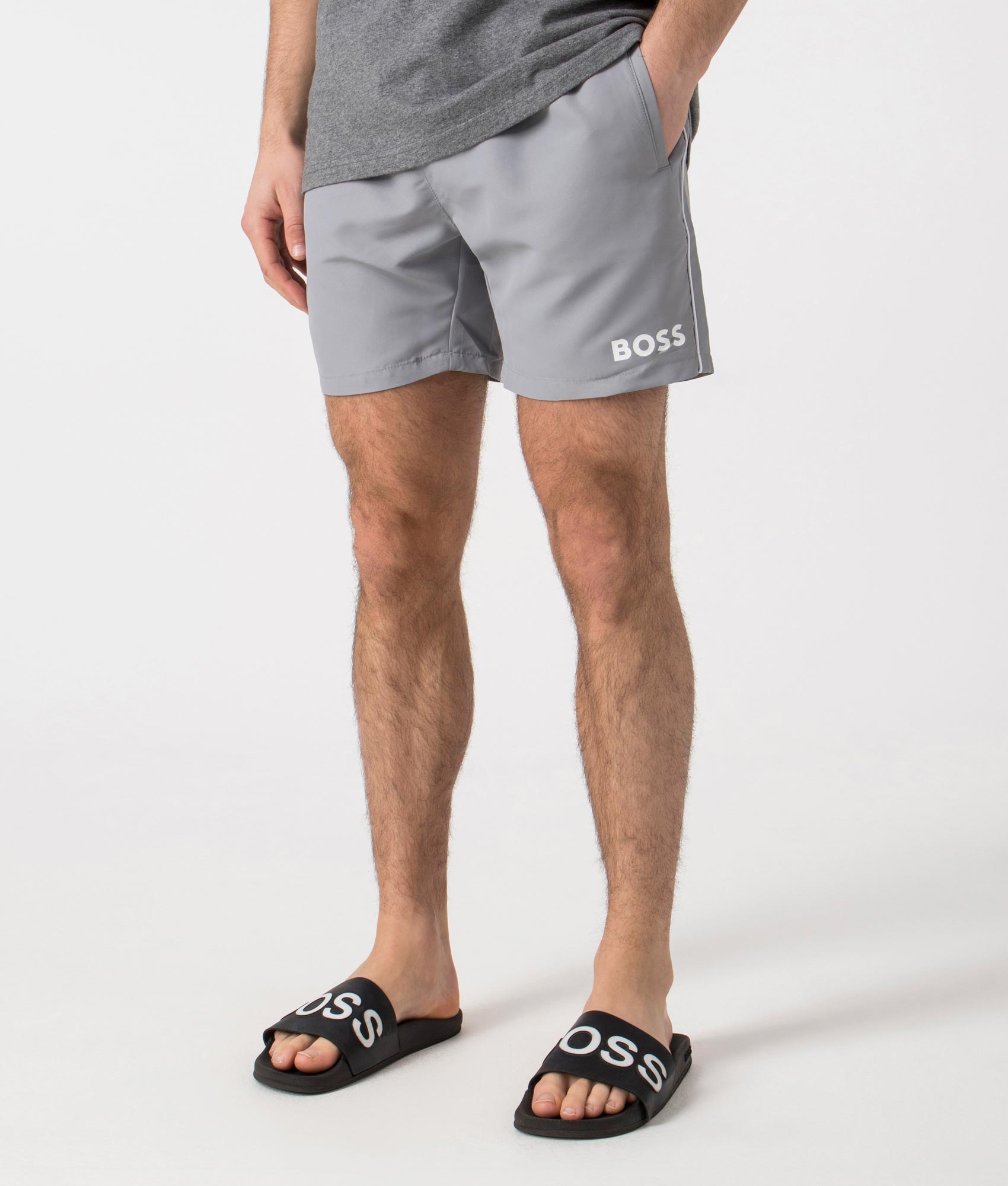 BOSS Starfish Swim Shorts in Silver. Side angle shot at EQVVS.