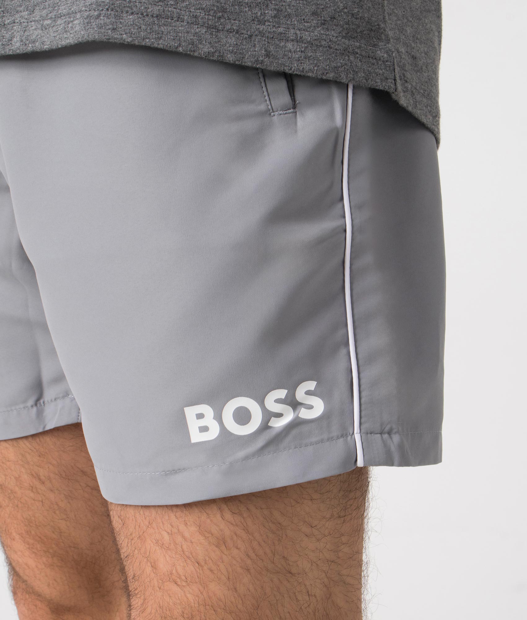 BOSS Starfish Swim Shorts in Silver. Detail shot at EQVVS.