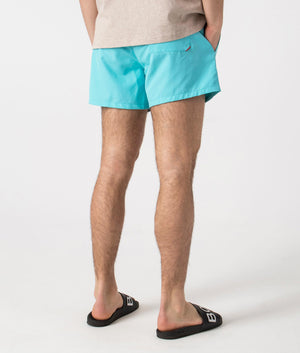 HUGO ABAS Lined Swim Shorts in Turquoise/Aqua. Back angle shot at EQVVS.