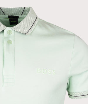 Paule 1 Polo Shirt in Open Green by Boss. EQVVS Detail Shot.