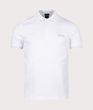 Paule 1 Polo Shirt in White by Boss. EQVVS Front Angle Shot.