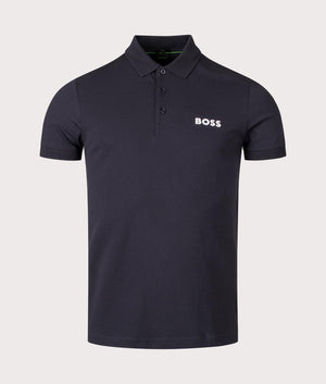Slim Fit Paule Polo Shirt in Dark Blue by Boss. EQVVS Front Angle Shot.