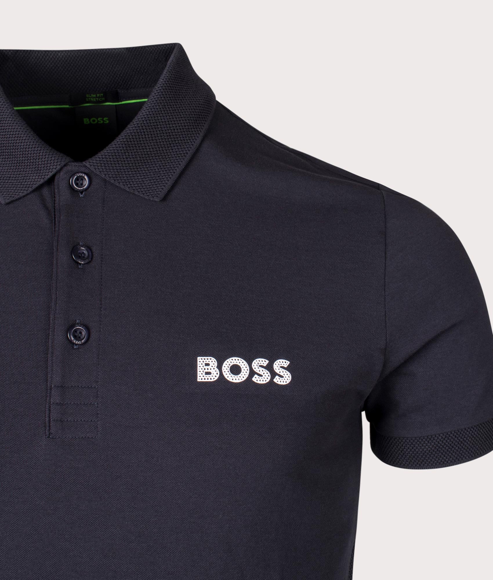 Slim Fit Paule Polo Shirt in Dark Blue by Boss. EQVVS Detail Shot.