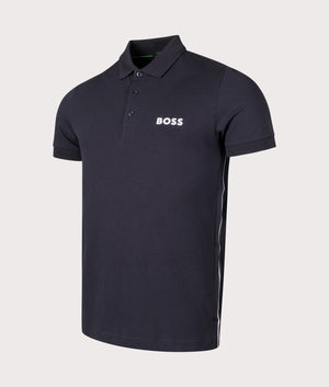 Slim Fit Paule Polo Shirt in Dark Blue by Boss. EQVVS Side Angle Shot.