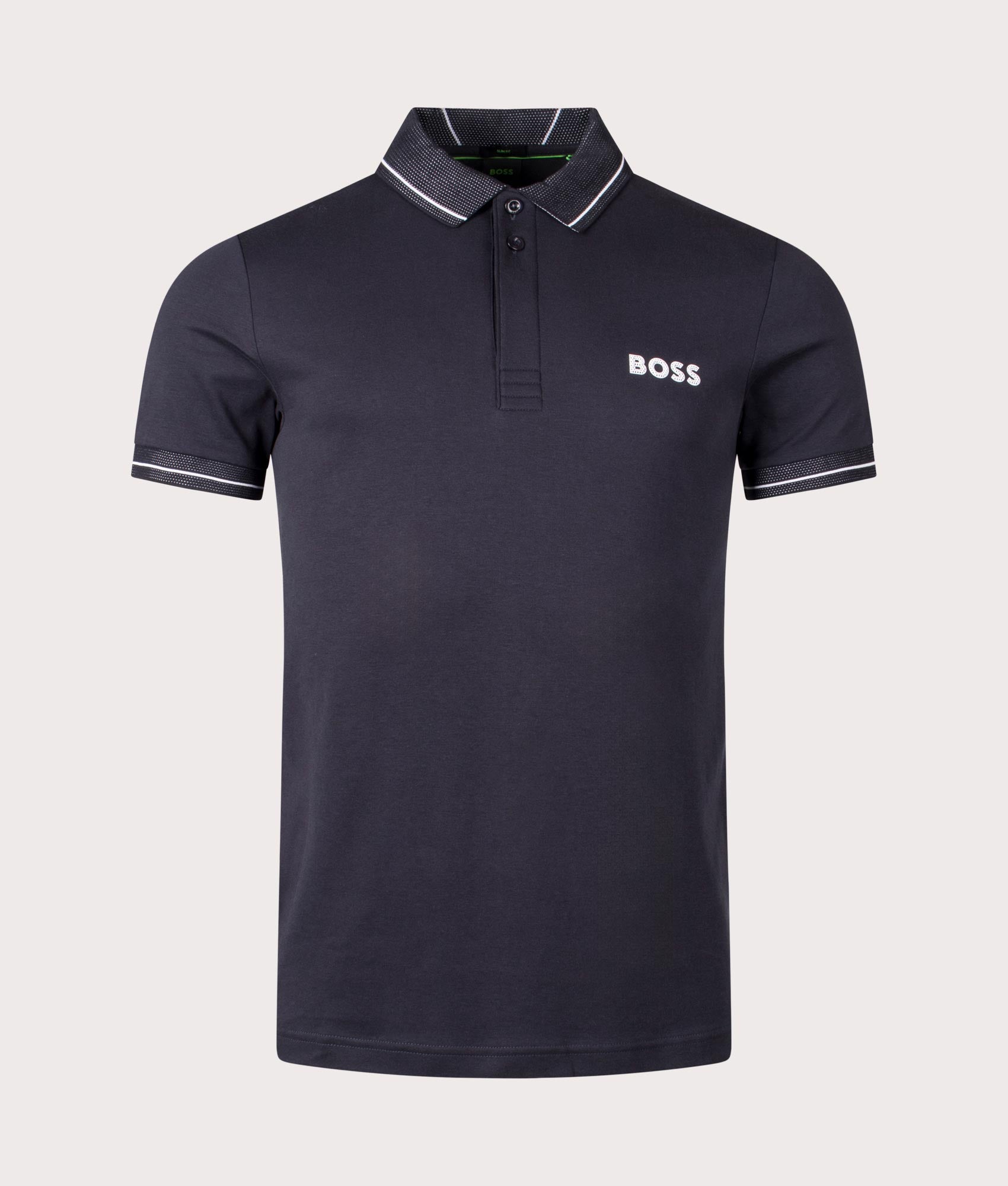 Paule 1 Polo Shirt in Dark Blue by Boss. EQVVS Front Angle Shot.