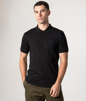 Boss Slim fit Passenger Polo Shirt in Black at EQVVS Menswear. Model front Shot.