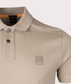 BOSS Slim Fit Passenger Polo Shirt in Open Brown Detail Shot at EQVVS