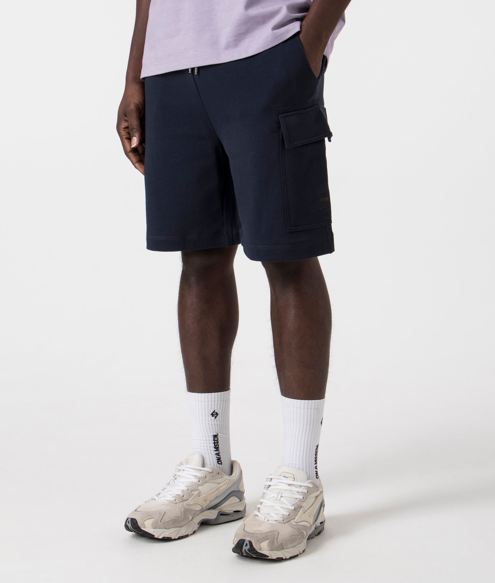 Cargo Sweat Shorts in Dark Blue by Boss. EQVVS Side Angle Shot.