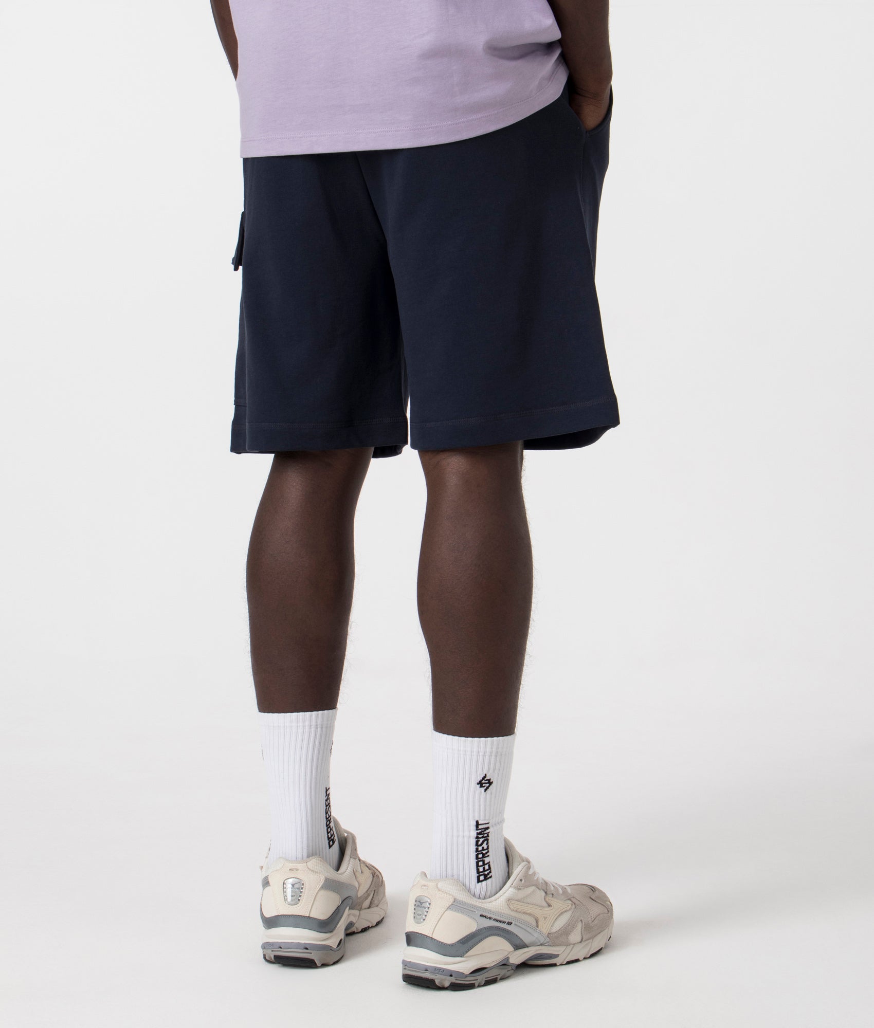 Cargo Sweat Shorts in Dark Blue by Boss. EQVVS Back Angle Shot.