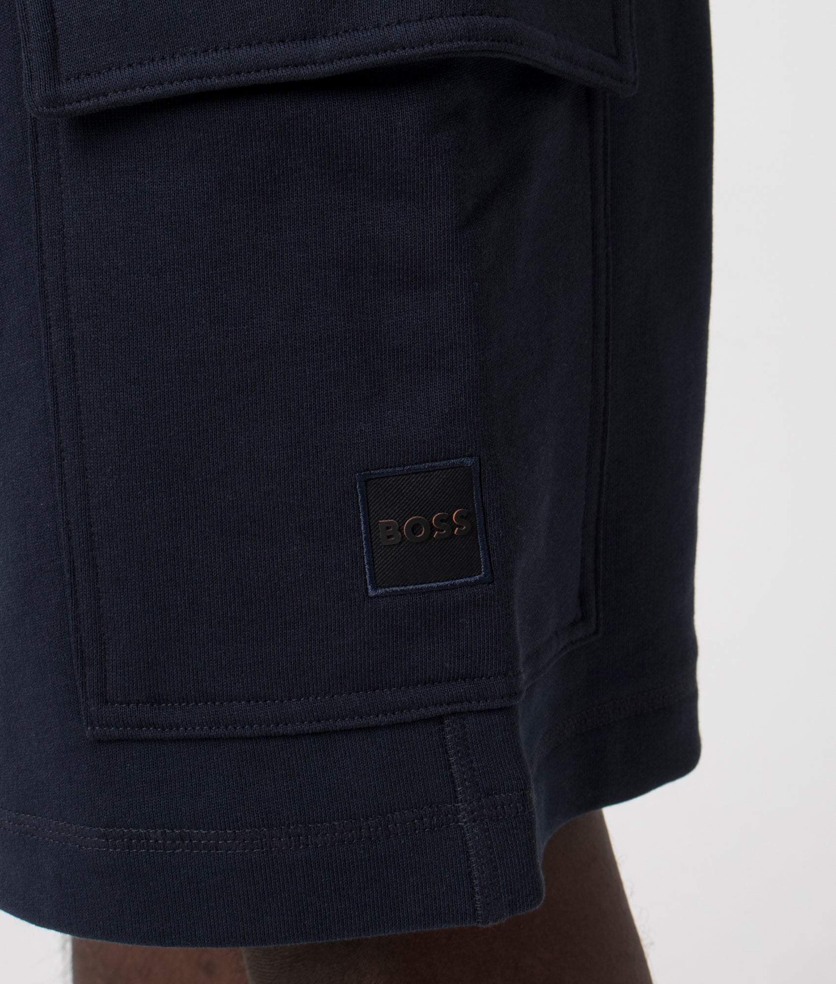 Cargo Sweat Shorts in Dark Blue by Boss. EQVVS Deatil Shot.