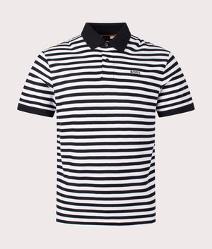 Pales Stripe Polo Shirt in Black by Boss. EQVVS Front Angle Shot.