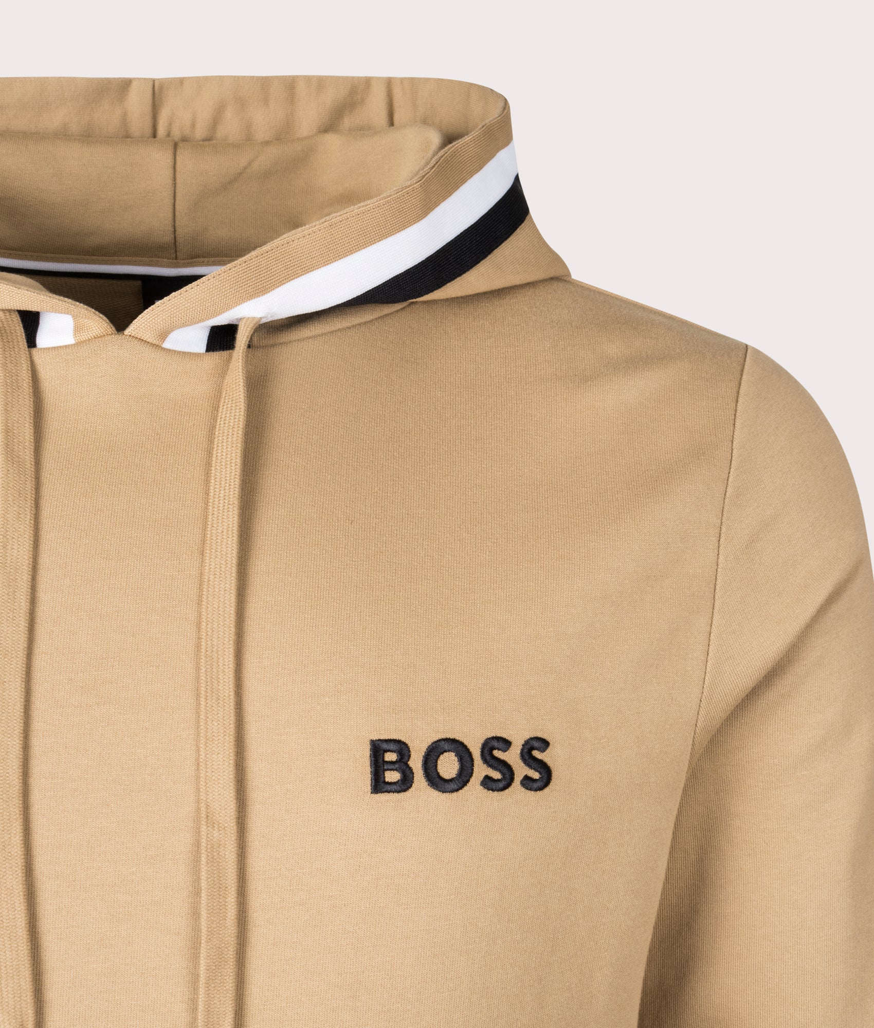 Iconic Hoodie in Medium Beige by Boss. EQVVS Detail Shot.