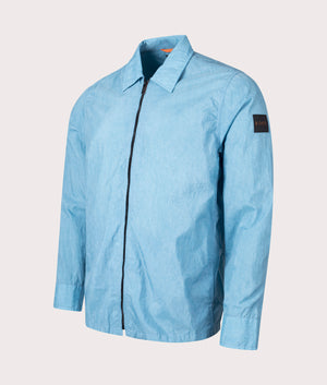 BOSS Lovvy Overshirt in Open Blue. Side angle shot at EQVVS.