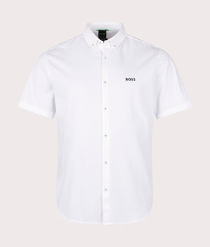 Motion Short Sleeve Shirt in White by Boss. EQVVS Front Angle Shot.