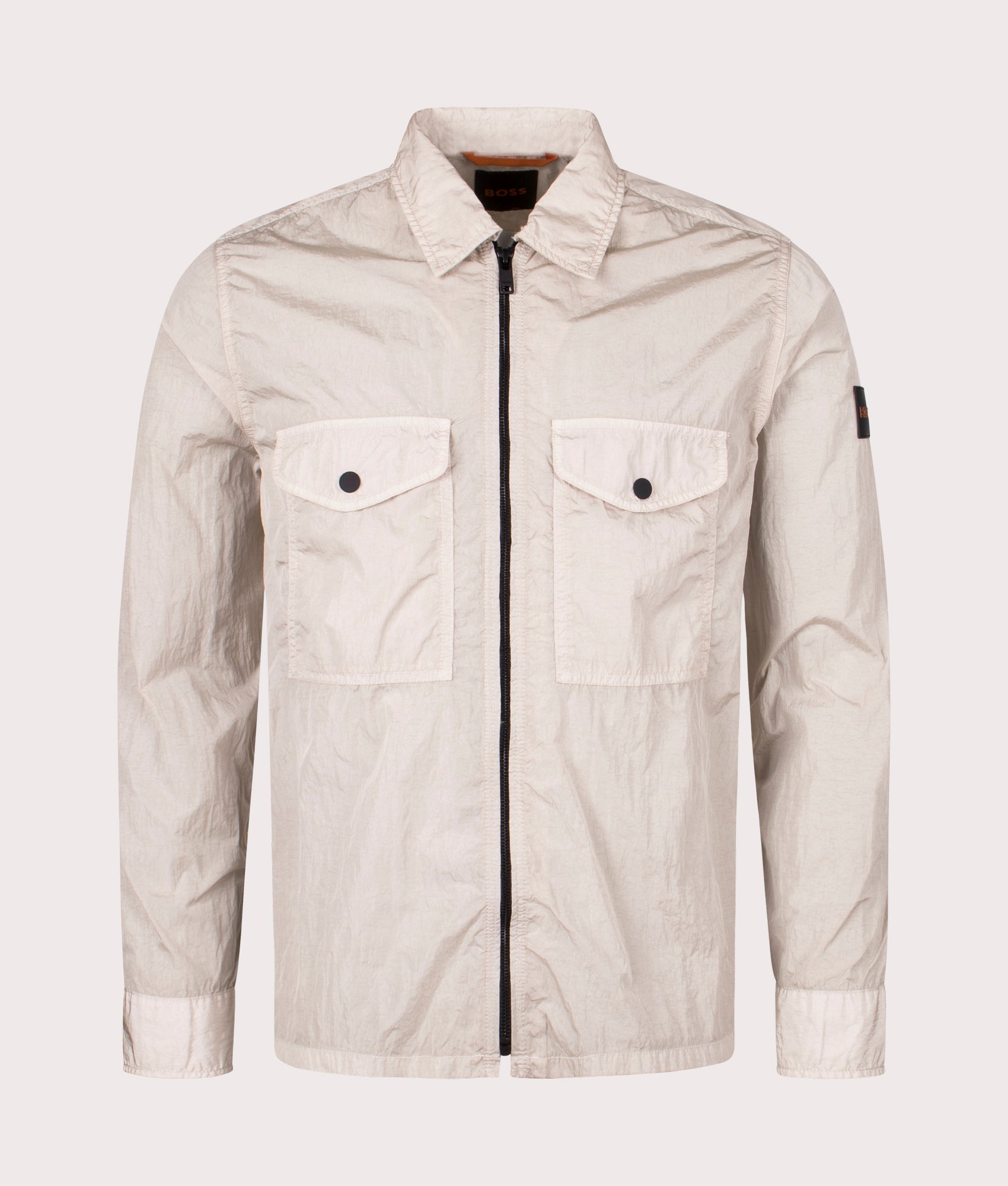 Boss orange Lovel Zip Through Overshirt in 271 light beige with arm branding  front shot at EQVVS