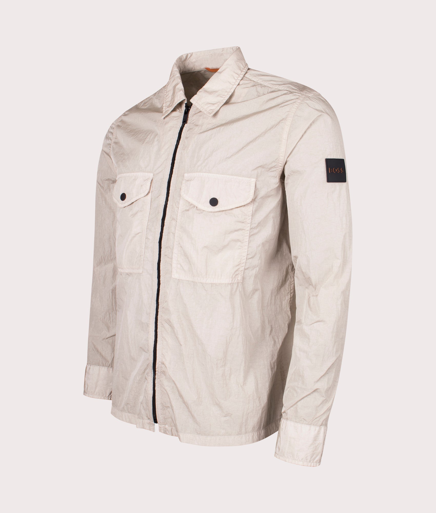 Boss orange Lovel Zip Through Overshirt in 271 light beige with arm branding side front shot at EQVVS