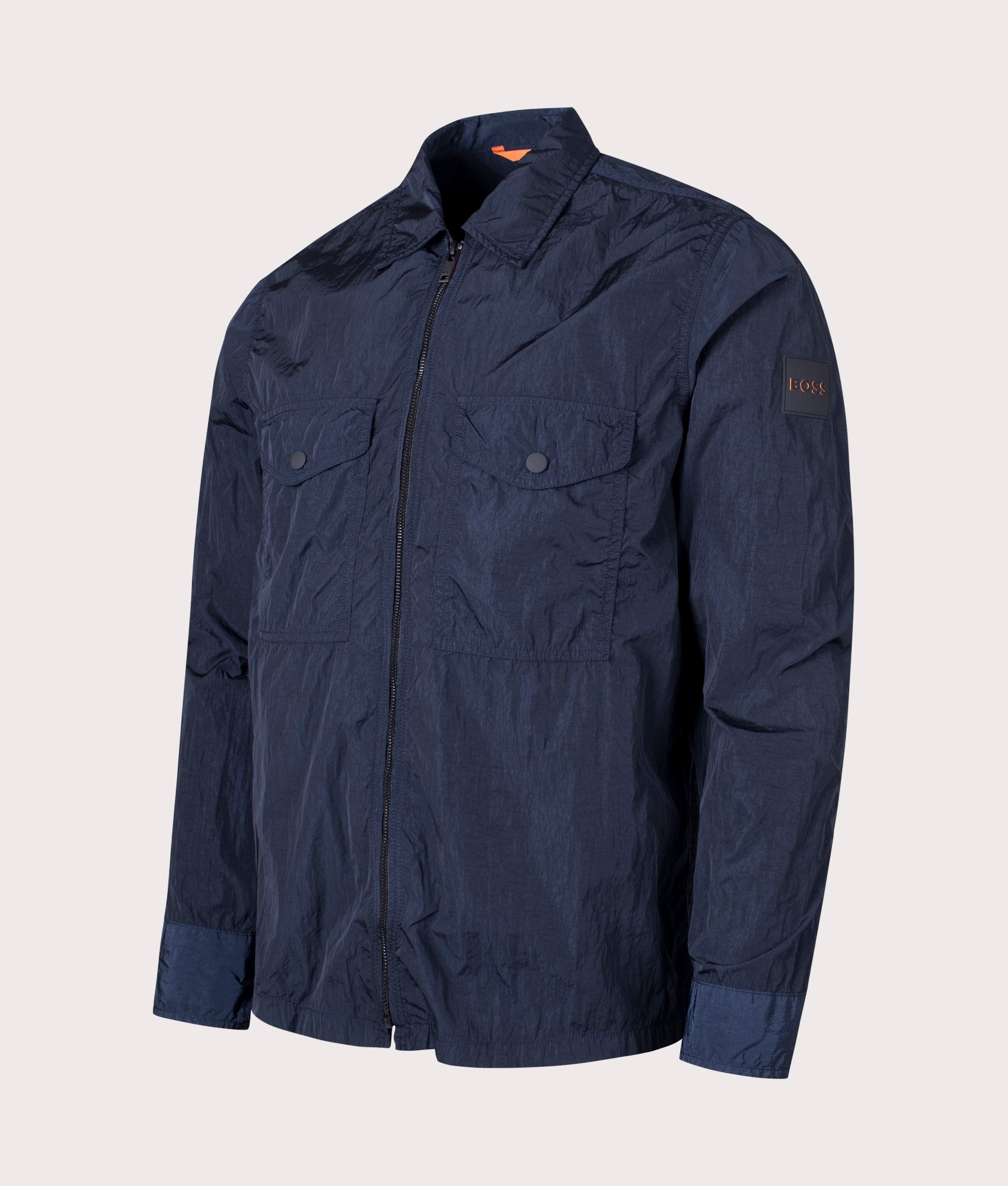 BOSS Lovel Zip Through Overshirt in Dark Blue Angle Shot EQVVS