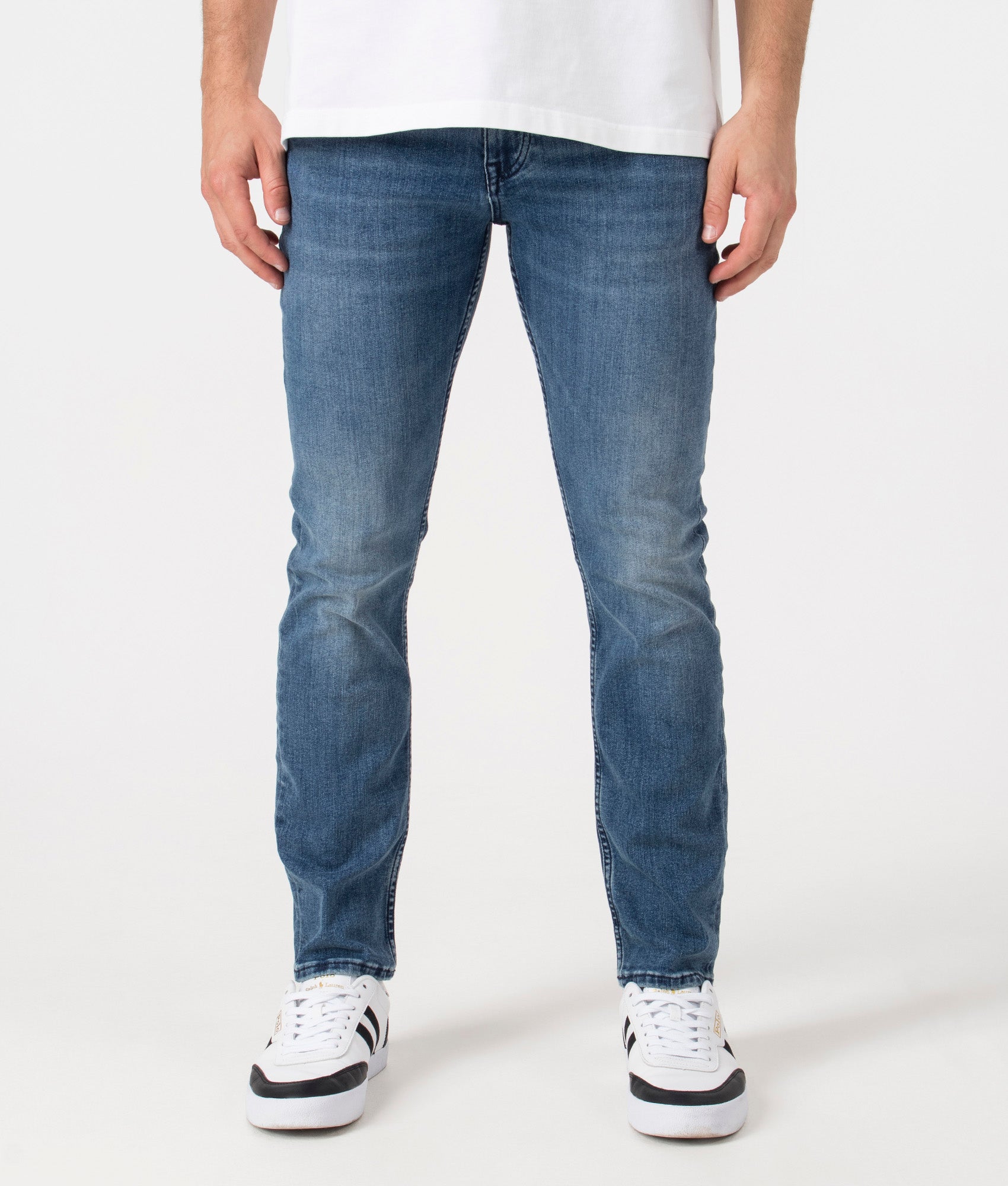 BOSS Slim Fit Delaware BC-P Jeans in Bright Blue. Front front model shot at EQVVS.