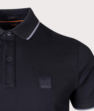 BOSS Slim Fit Passertip Polo Shirt in Black Detail shot EQVVS