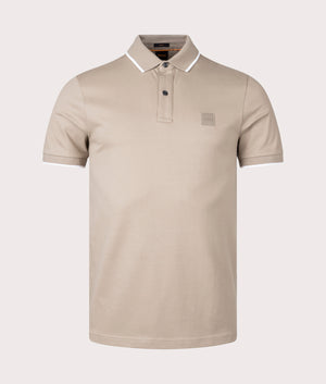 BOSS Slim Fit Passertip Polo Shirt in Open Brown Front Shot at EQVVS