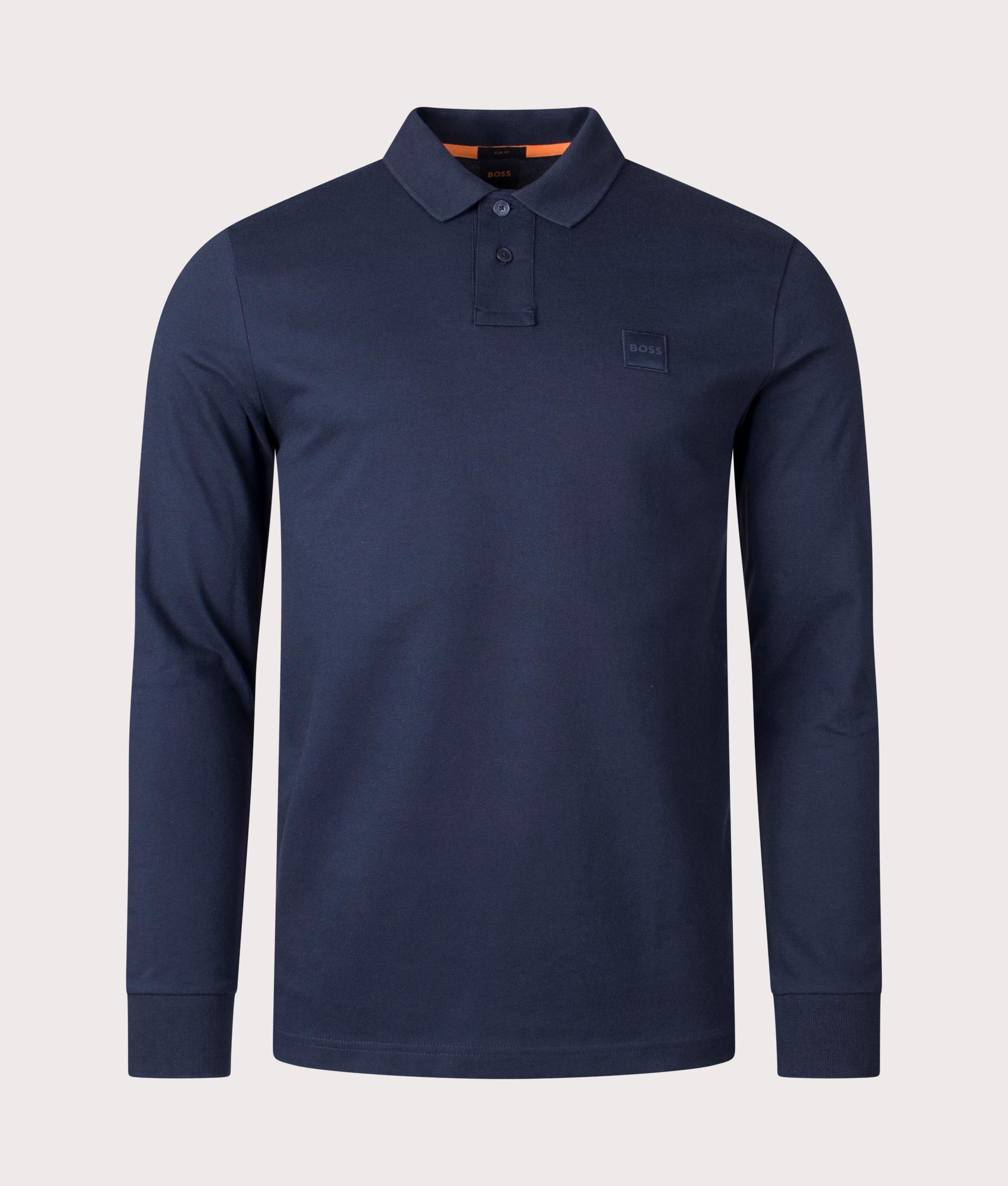 Boss Slim Fit Passerby long sleeve Polo Shirt in Dark Blue at EQVVS Menswear. Front shot.