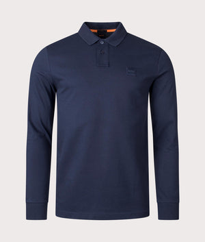 BOSS Slim Fit Passerby Long Sleeve Polo Shirt in Dark Blue front Shot at EQVVS