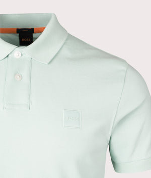 BOSS Slim Fit Passenger Polo Shirt in Turquoise & Aqua detail Shot at EQVVs
