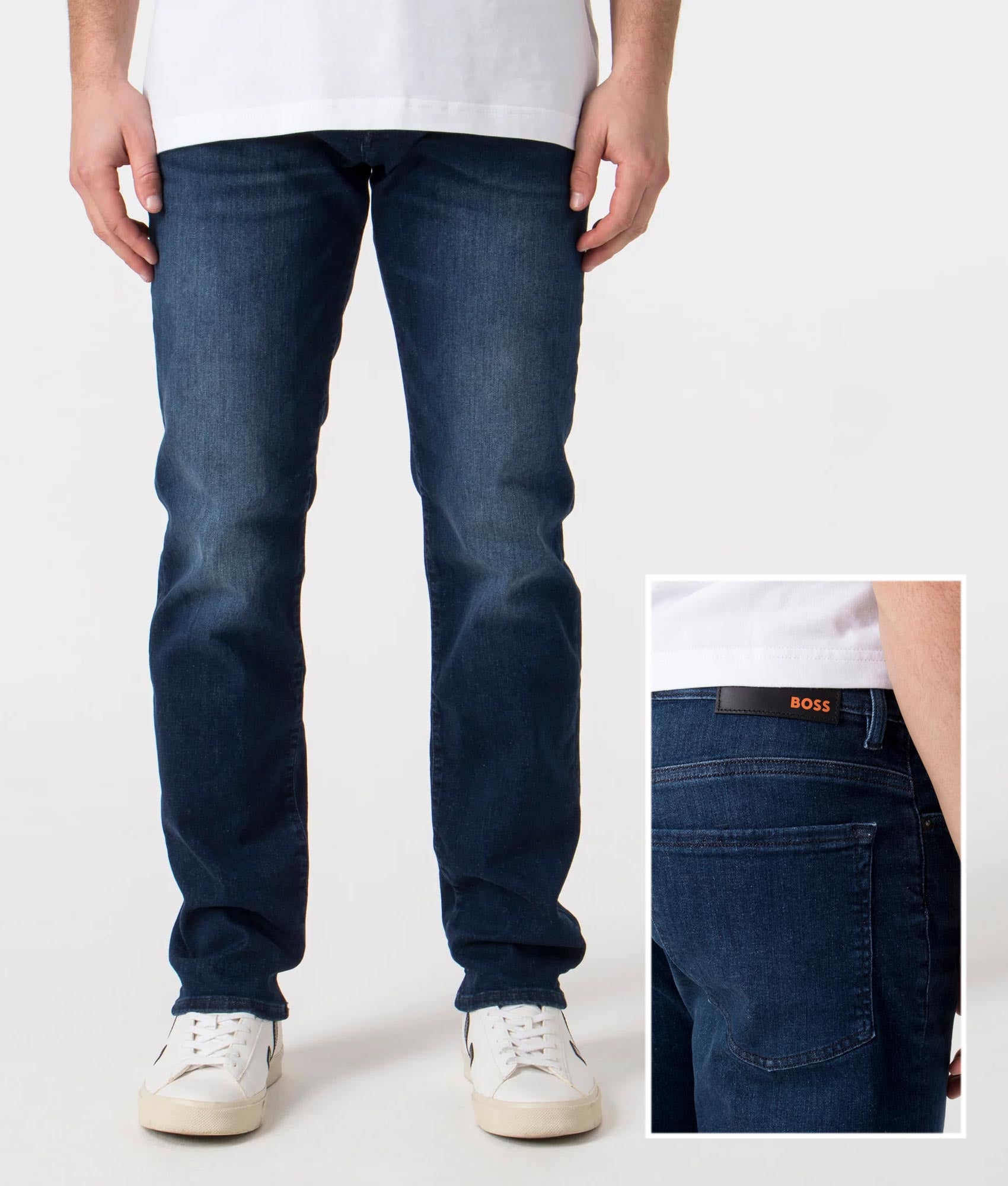 BOSS Regular Fit Re.Maine BC-P Jeans in Dark Blue Front and Detail Shot at EQVVS