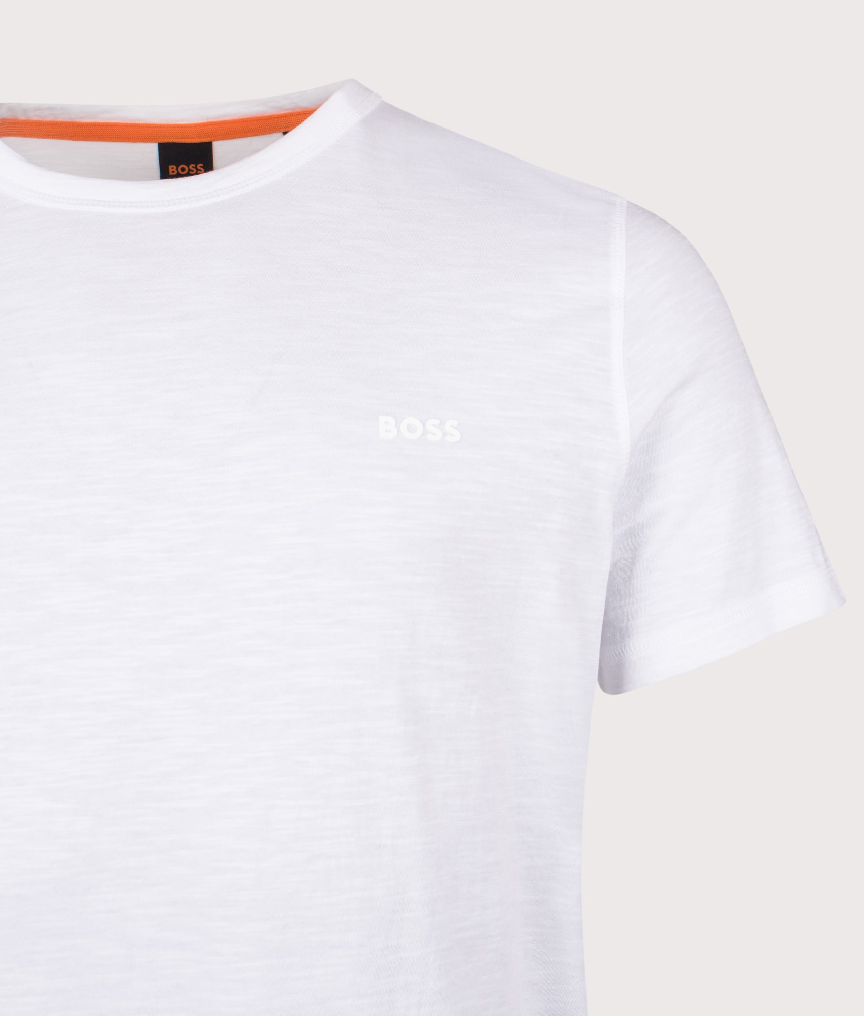 BOSS Tegood T-Shirt in White at EQVVS Menswear. Detail shot.
