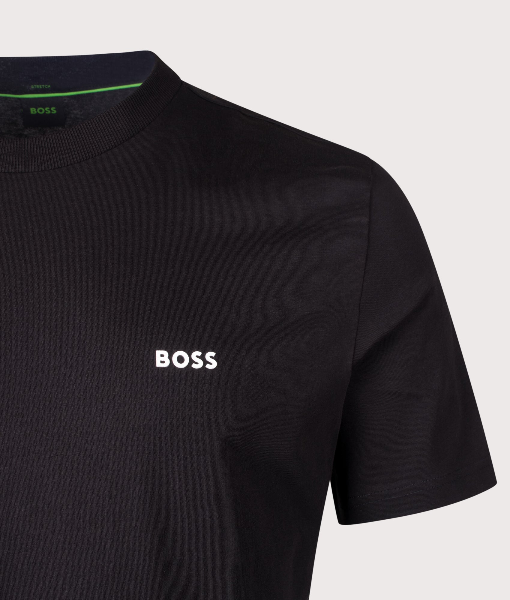 BOSS Crew Neck T-Shirt in Black at EQVVS Menswear. Detail shot.