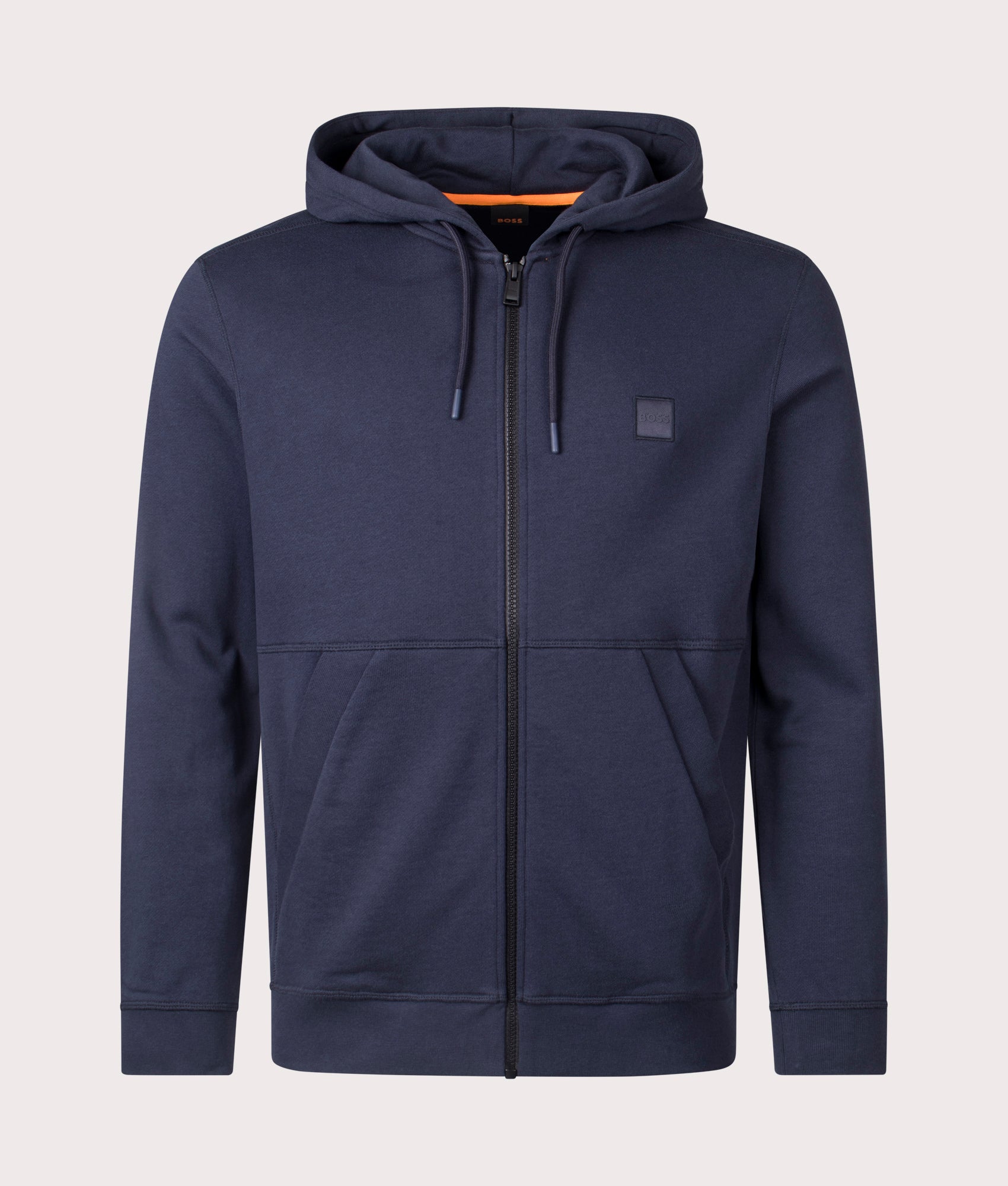 BOSS Zip Through Zetalky Hoodie in Dark Blue, 100% Cotton. At EQVVS Menswear. Front detail shot