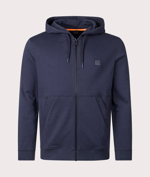 BOSS Zip Through Zetalky Hoodie in Dark Blue, 100% Cotton. At EQVVS Menswear. Front detail shot