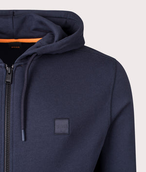 BOSS Zip Through Zetalky Hoodie in Dark Blue, 100% Cotton. At EQVVS Menswear. Front logo shot