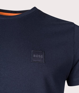 Boss Orange Relaxed Fit Tales T-Shirt in 404 dark blue with patch logo detail shot at EQVVS