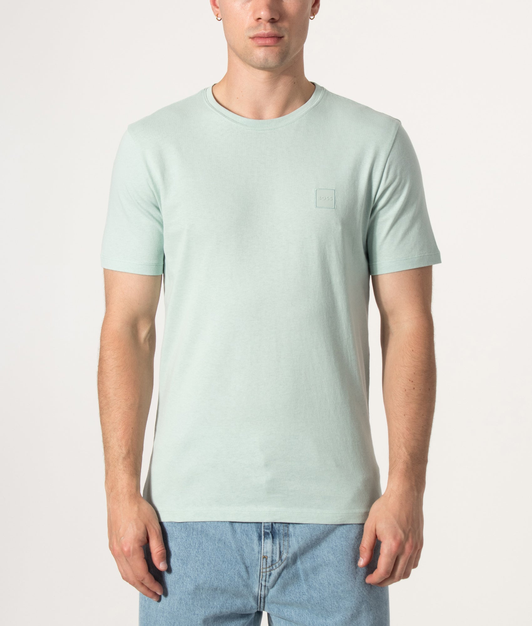 BOSS Regular Fit Tales T-Shirt in Turquoise/Aqua at EQVVS Menswear. Front shot.