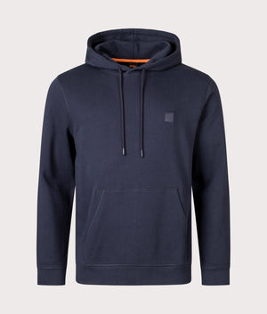 Boss Orange Wetalk Hoodie in 404 dark blue with patch logo front shot at EQVVS