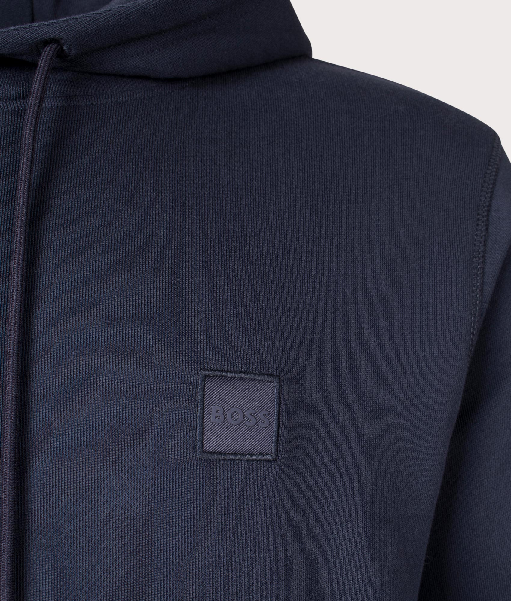Boss Wetalk Hoodie in Dark Blue at EQVVS Menswear. Detail shot.