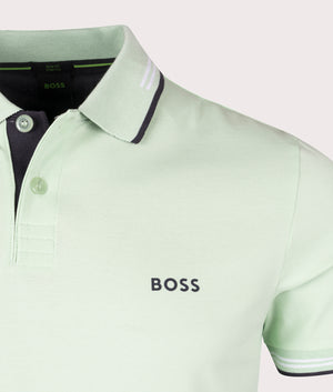 Slim Fit Paul Polo Shirt in Open Green by Boss. EQVVS Detail Shot.