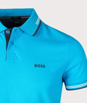 Slim Fit Paul Polo Shirt in Turquoise Aqua by Boss. EQVVS Detail Shot.